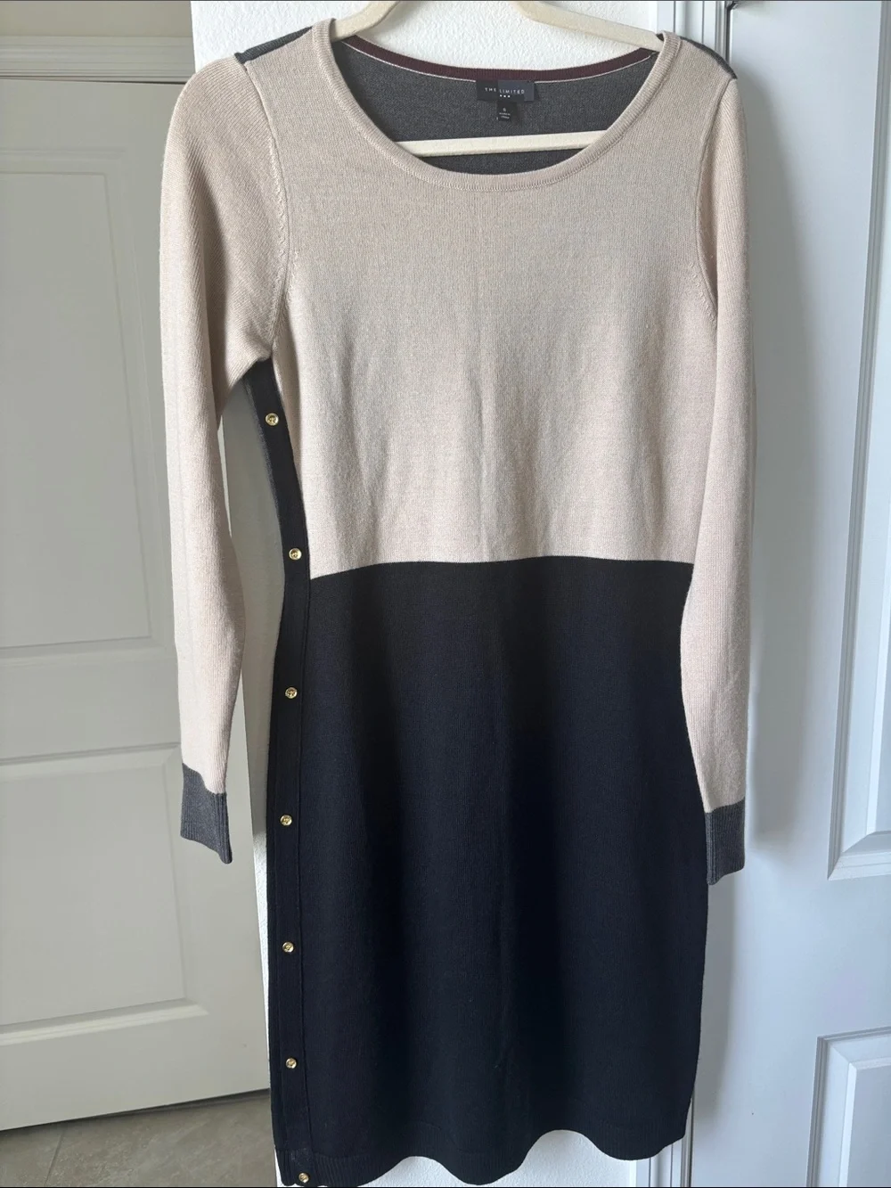 The Limited Two-Tone Long Sleeve Knit Dress in Beige and Black